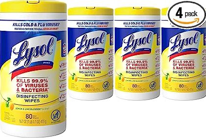 Lysol Disinfectant Wipes, Multi-Surface Antibacterial Cleaning Wipes, For Disinfecting and Cleaning, Lemon and Lime Blossom, 80 Count (Pack of 4)