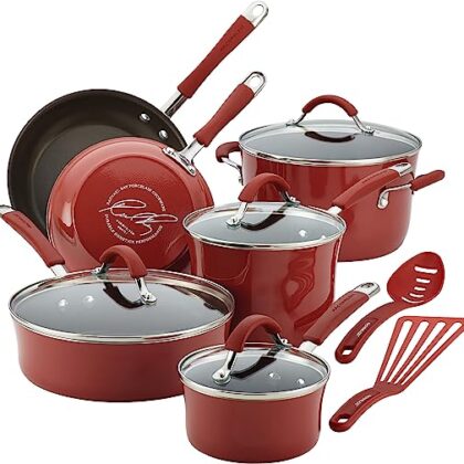 Rachael Ray Cucina Nonstick Cookware Pots and Pans Set, 12 Piece, Cranberry Red