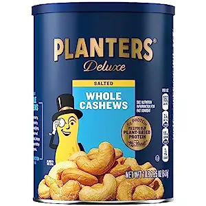 PLANTERS Deluxe Salted Whole Cashews, Party Snacks, Plant-Based Protein 18.25oz (1 Cannister)